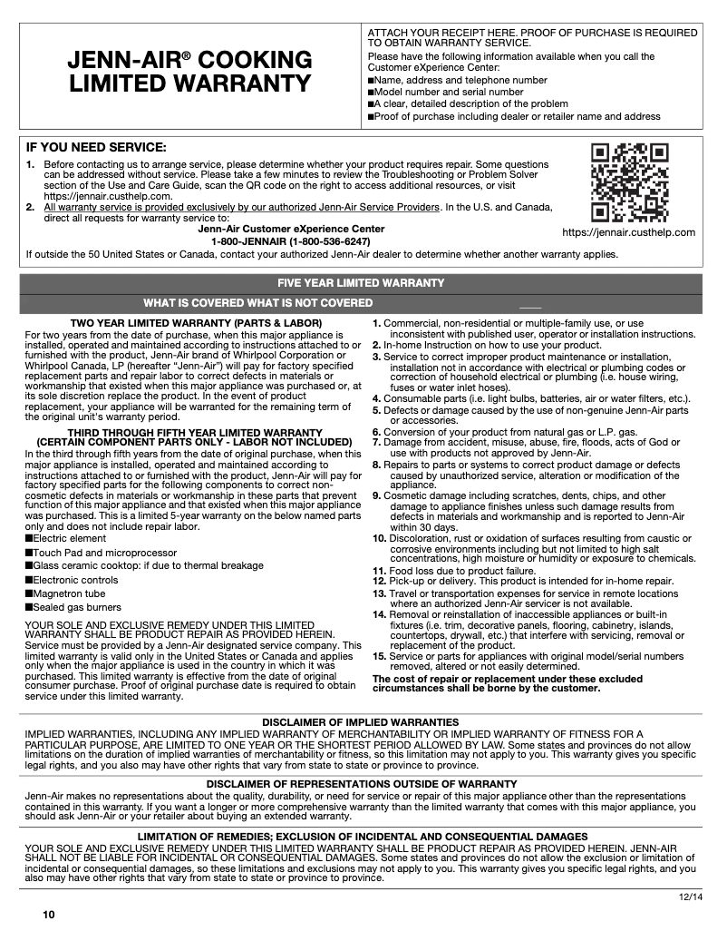 Page n°1 - Informations de garantie JennAir JGC2530EB