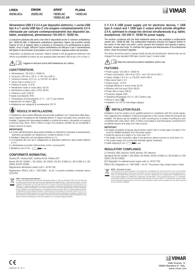 Page n°1 - Manuel utilisateur Vimar 14292.C.SL