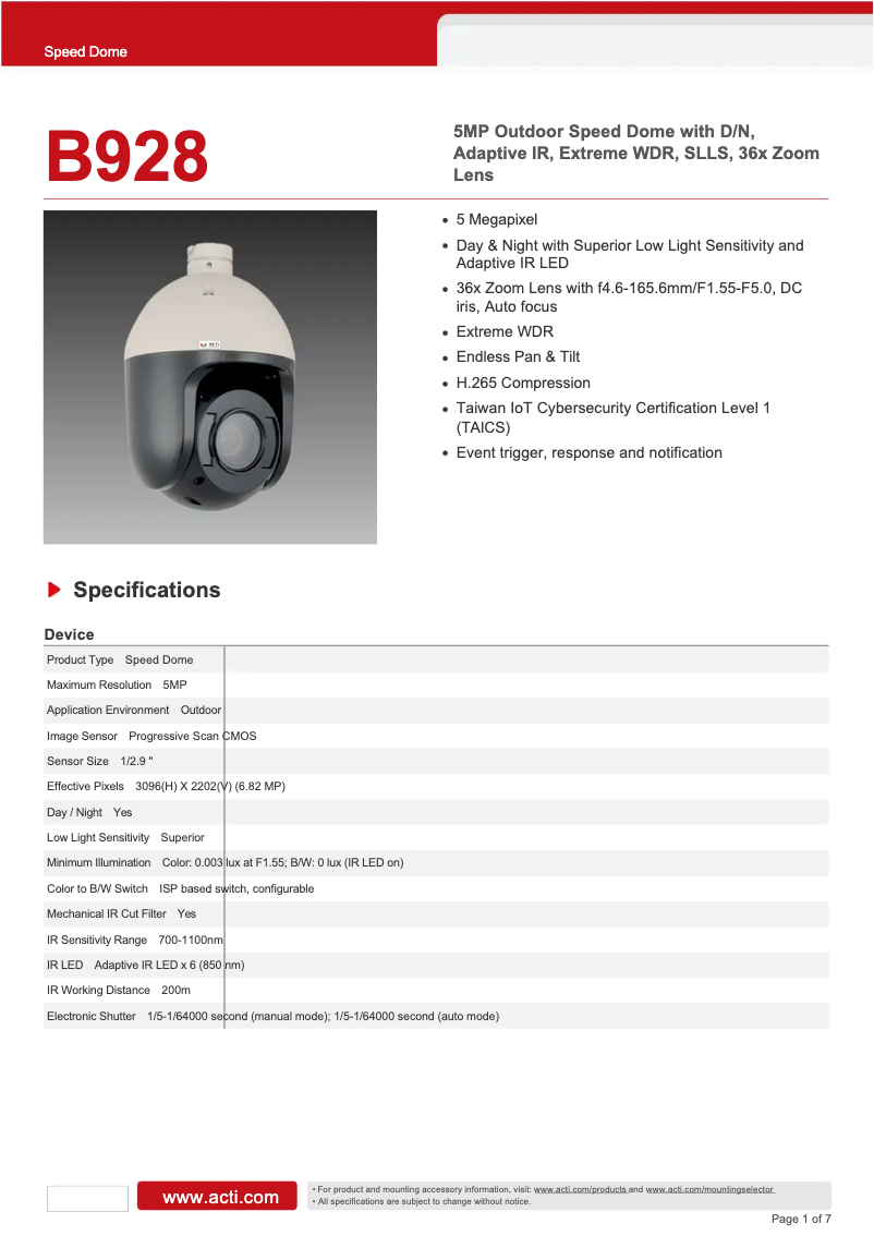 Page 1 de la notice Fiche technique ACTi B928