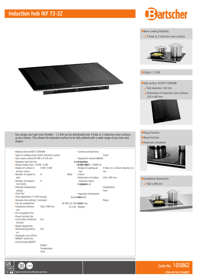Page 1 de la notice Fiche technique Bartscher IKF 72