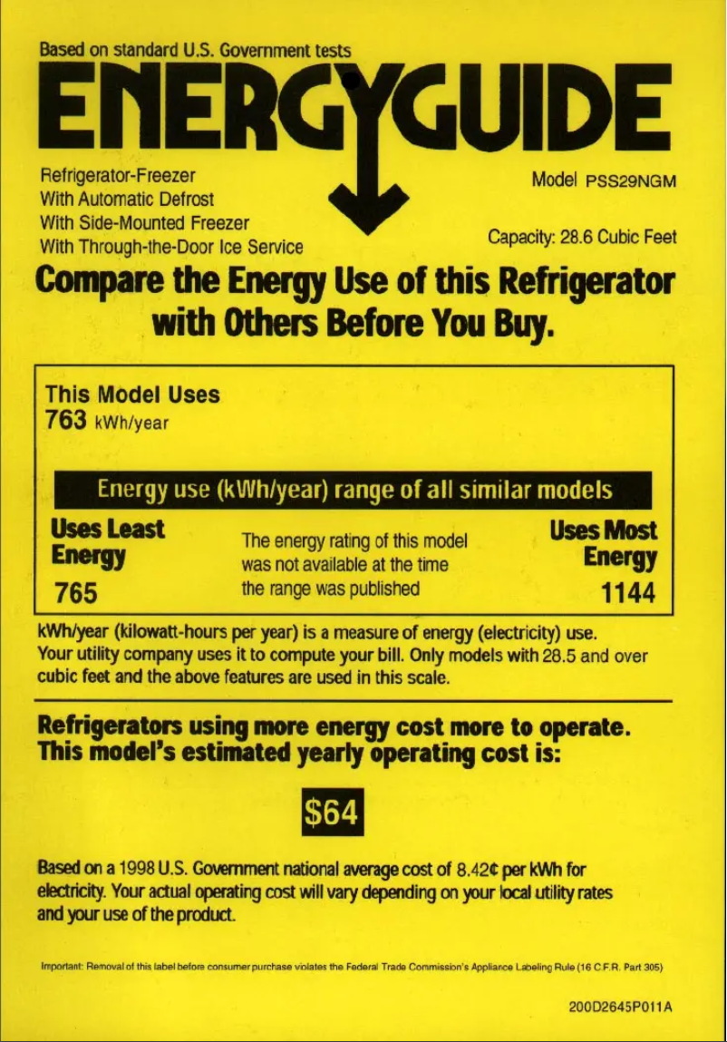 Page 1 de la notice Label énergétique GE Profile Arctica PSS29NGMCC