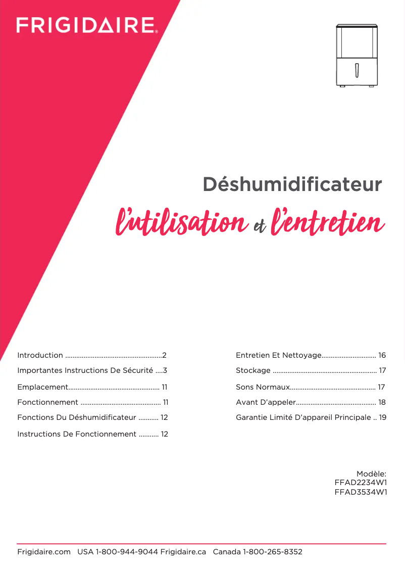 Page 1 de la notice Manuel utilisateur Frigidaire FFAD3534W1