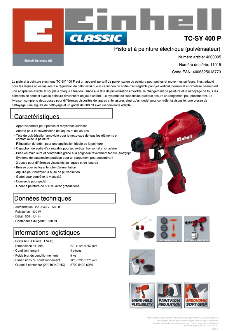 Page 1 de la notice Fiche technique Einhell TC-SY 400 P