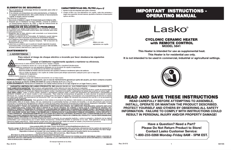 Page 1 de la notice Manuel utilisateur Lasko 5841