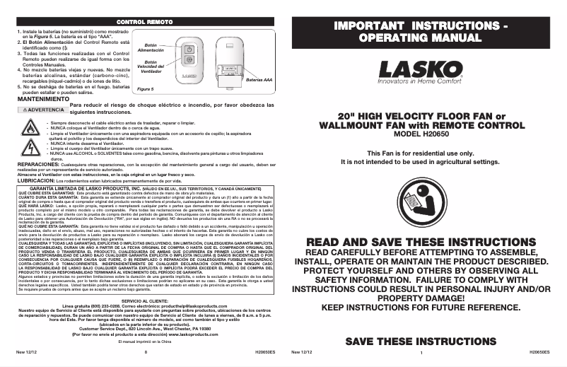 Page 1 de la notice Manuel utilisateur Lasko H20650