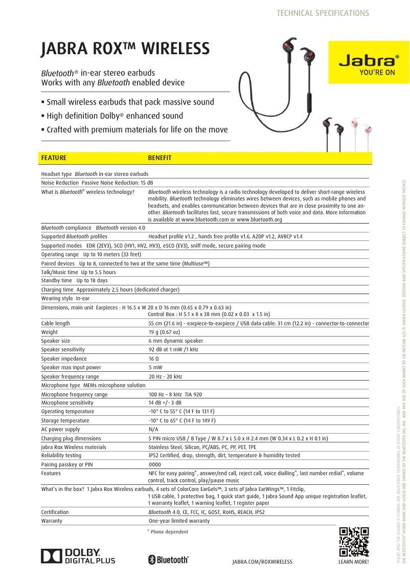 Page n°1 - Fiche technique Jabra Rox Wireless