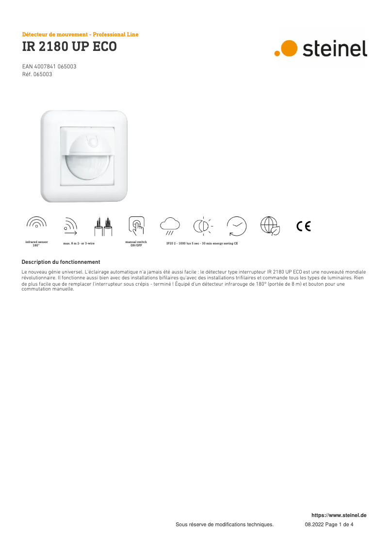 Page 1 de la notice Fiche technique Steinel IR 2180 UP ECO