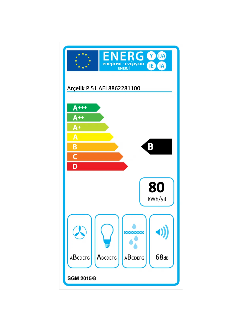 Page 1 de la notice Label énergétique Arçelik P 51 AEI
