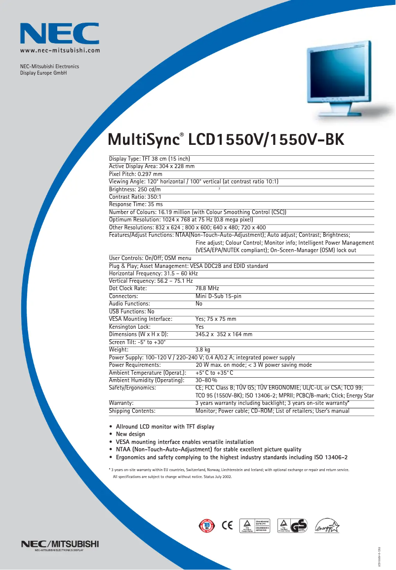 Imagen de la primera página del manual del dispositivo MultiSync LCD1550VBK
