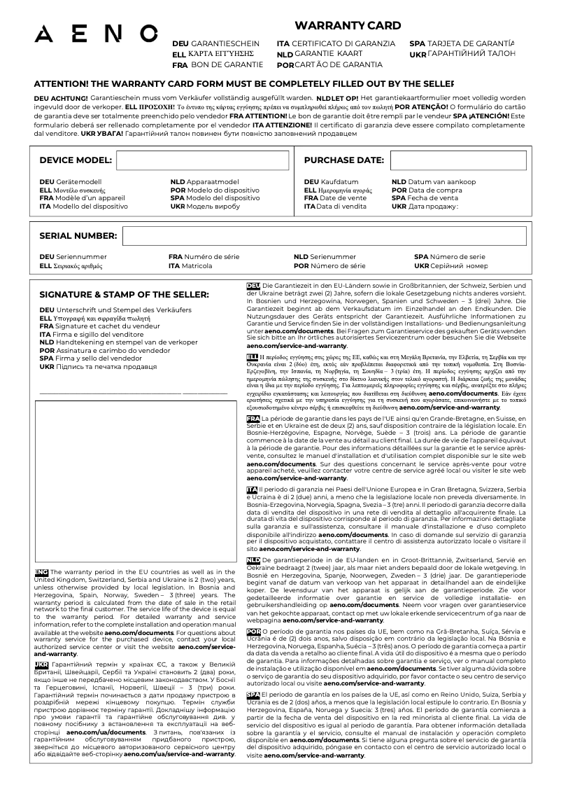 Page 1 de la notice Informations de garantie AENO VS2