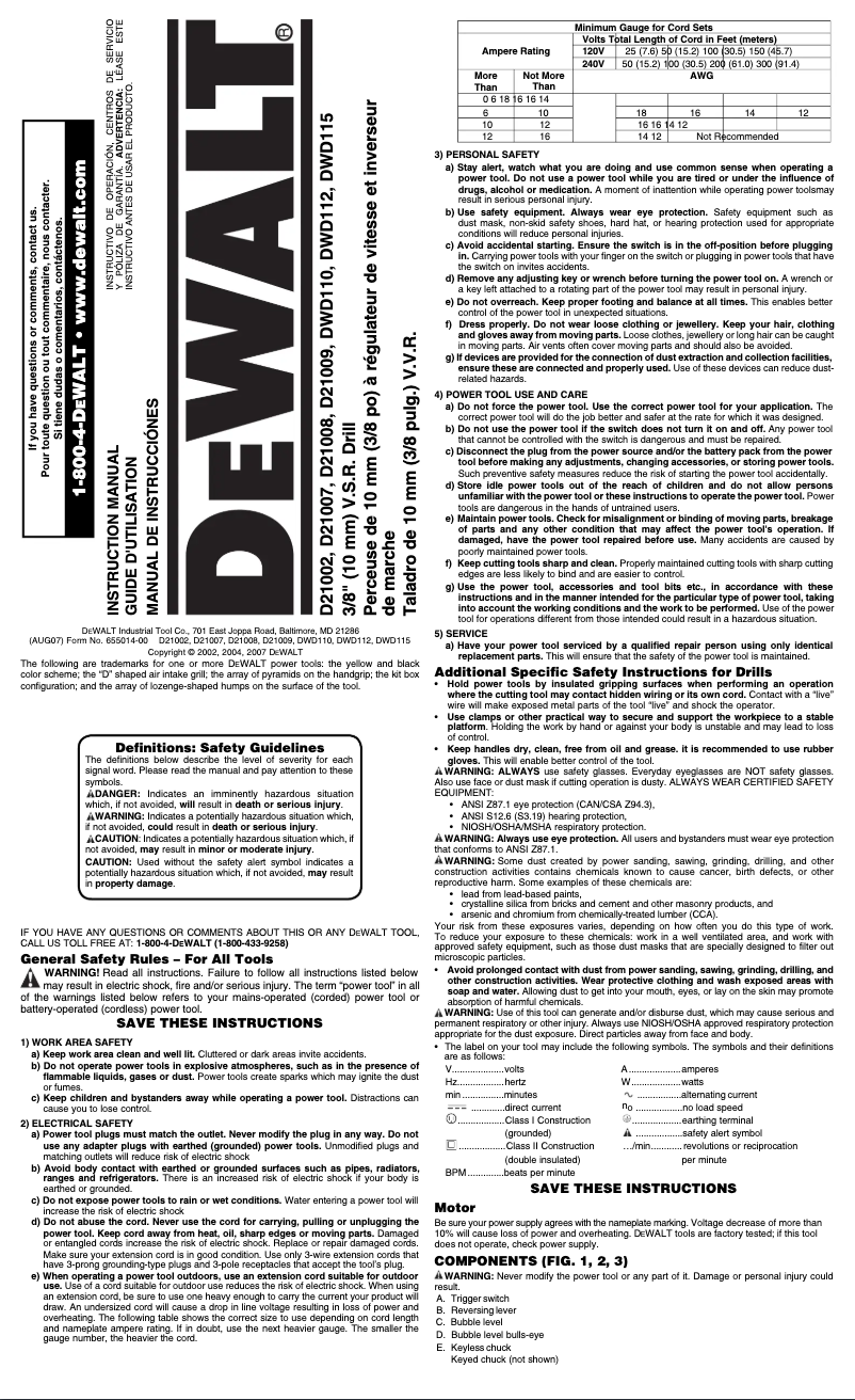 Page n°1 - Manuel d'utilisation et d'entretien DeWalt D21002