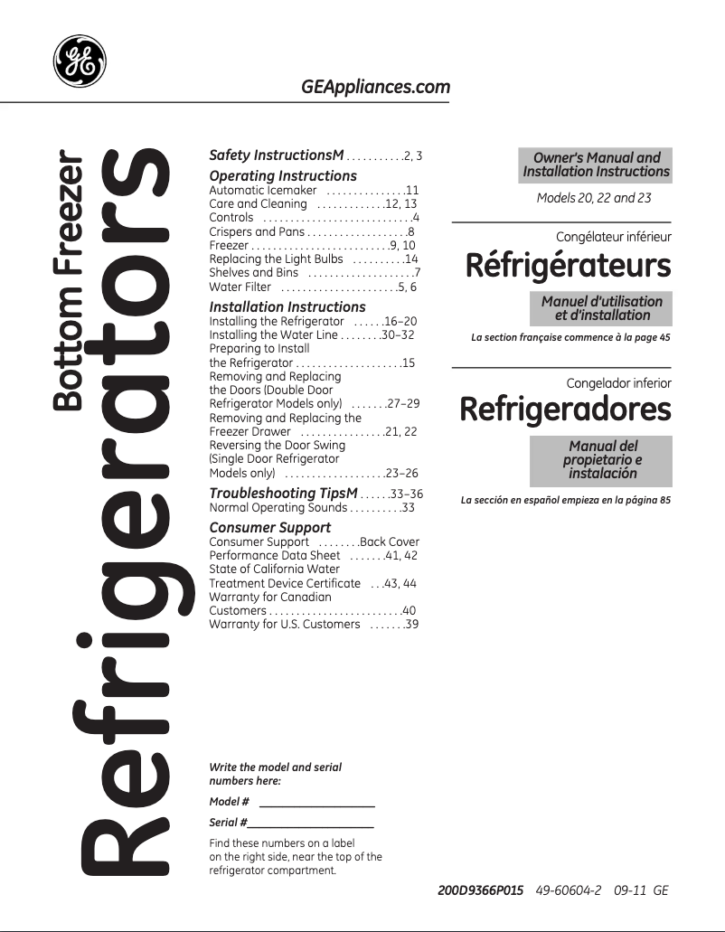 Page 1 de la notice Guide d'installation GE GFSF2HCYWW