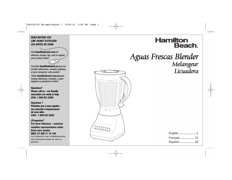 Page n°1 - Manuel utilisateur Hamilton Beach 50162