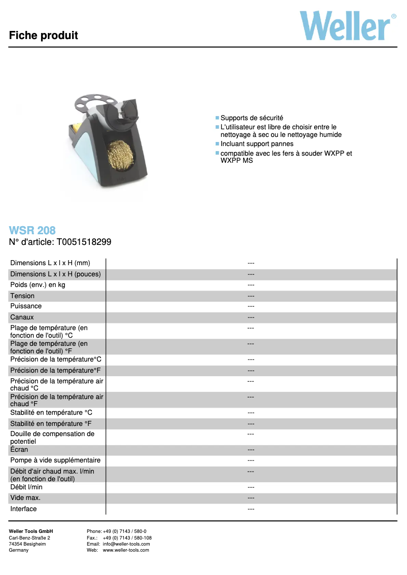 Page n°1 - Fiche technique Weller WSR 208