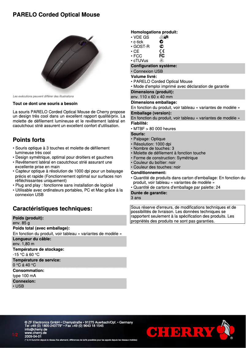 Page 1 de la notice Fiche technique Cherry PARELO