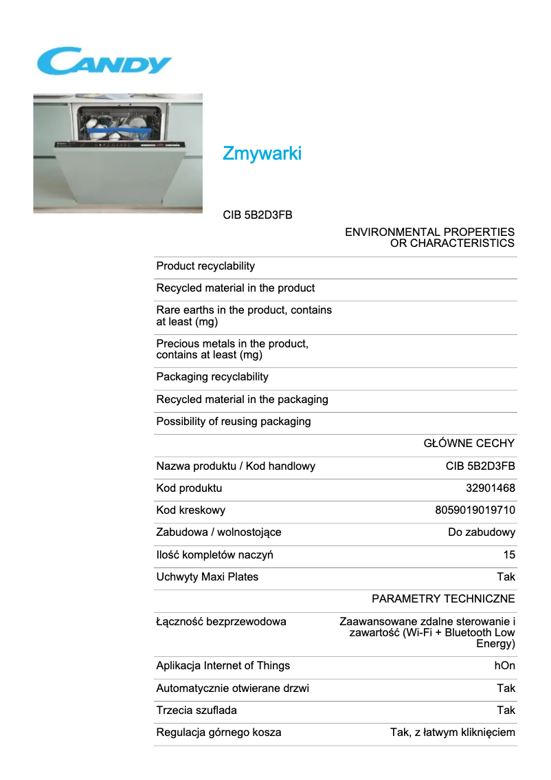 Page 1 de la notice Fiche technique Candy Brava CIB 5B2D3FB