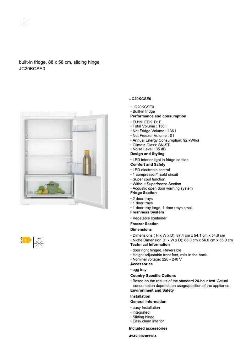 Page 1 de la notice Fiche technique Junker JC20KCSE0