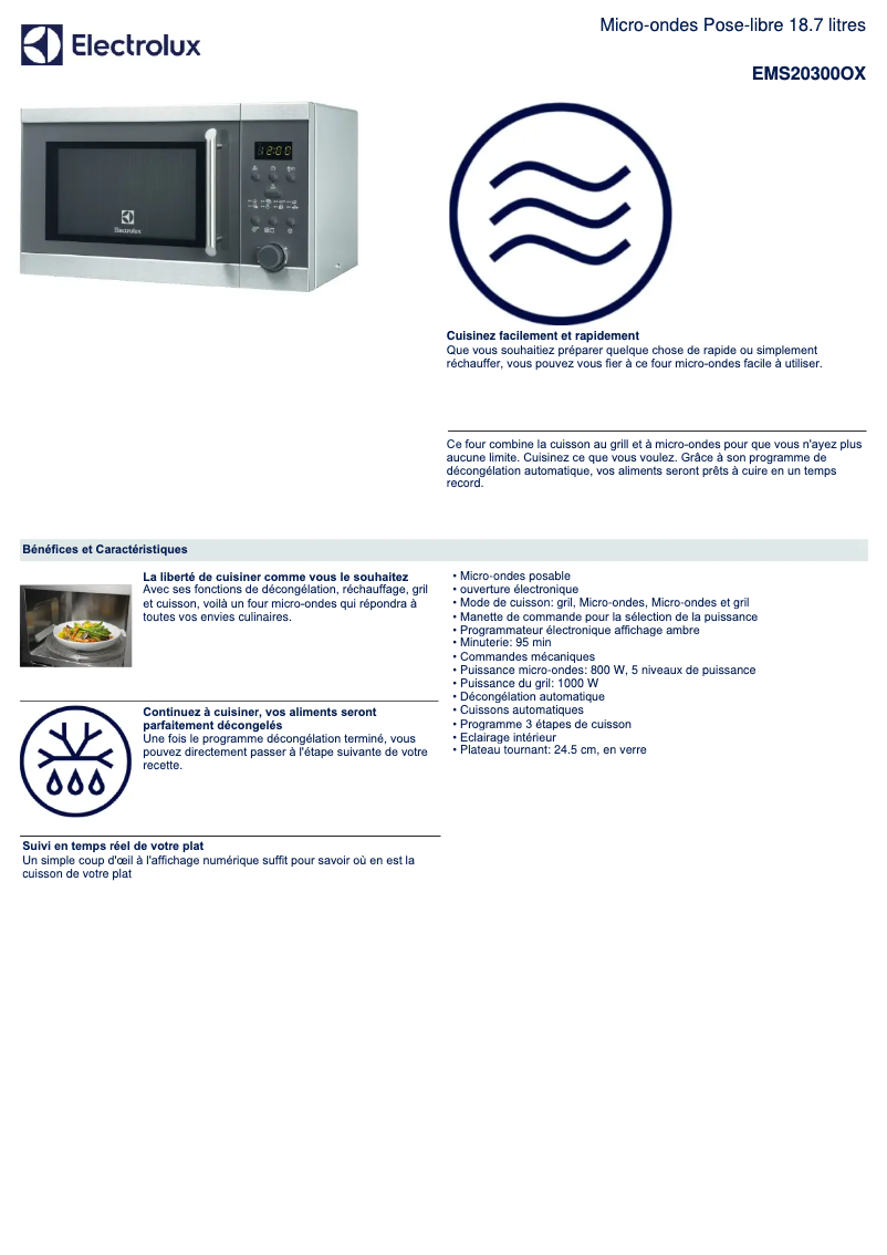 Page 1 de la notice Fiche technique Electrolux EMS20300OX