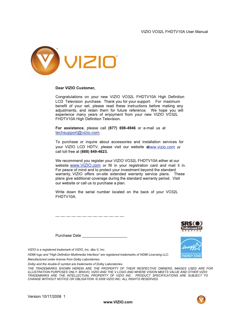 Page 1 de la notice Manuel utilisateur VIZIO VO32LFHDTV10A