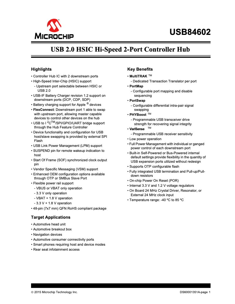 Page 1 de la notice Fiche technique Microchip USB84602