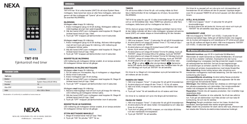 Page 1 de la notice Manuel utilisateur Nexa TMT-918