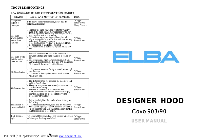 Page 1 de la notice Manuel utilisateur Elba Covo 903/90