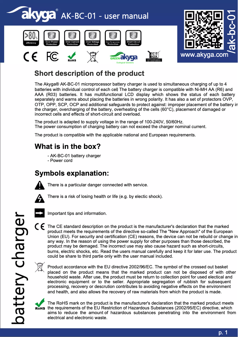 Page 1 de la notice Manuel utilisateur Akyga AK-BC-01