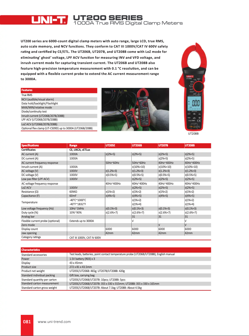 Page 1 de la notice Fiche technique Uni-T UT208B