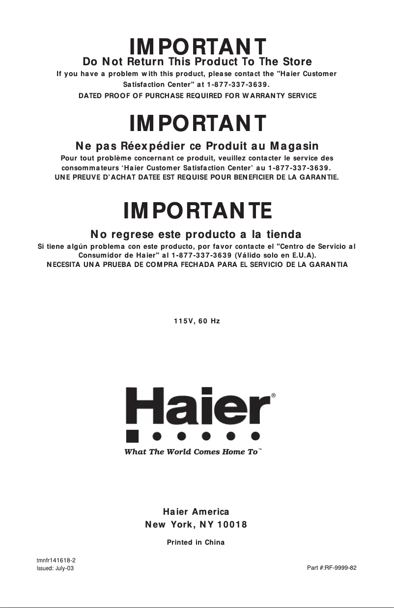Página 1 del manual Manual de usuario Haier HTA18VABW