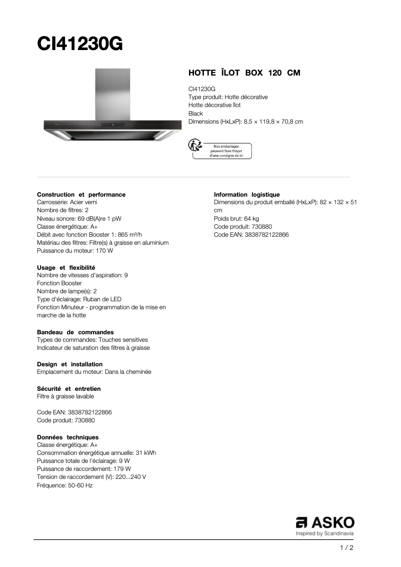 Page 1 de la notice Fiche technique Asko CI41230G