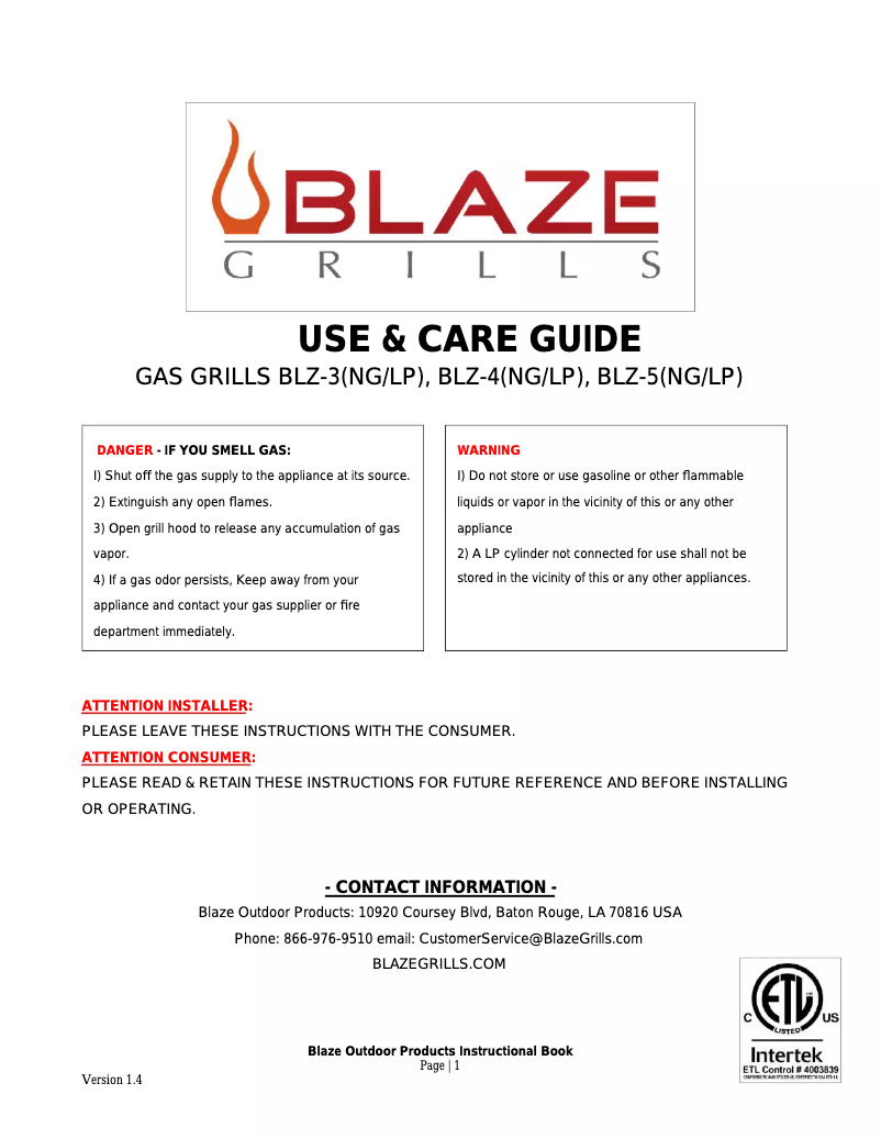 Page n°1 - Manuel utilisateur Blaze BLZ-4-NG