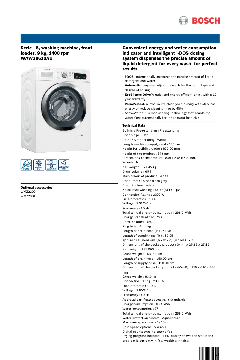 Page 1 de la notice Fiche technique Bosch WAW28620AU