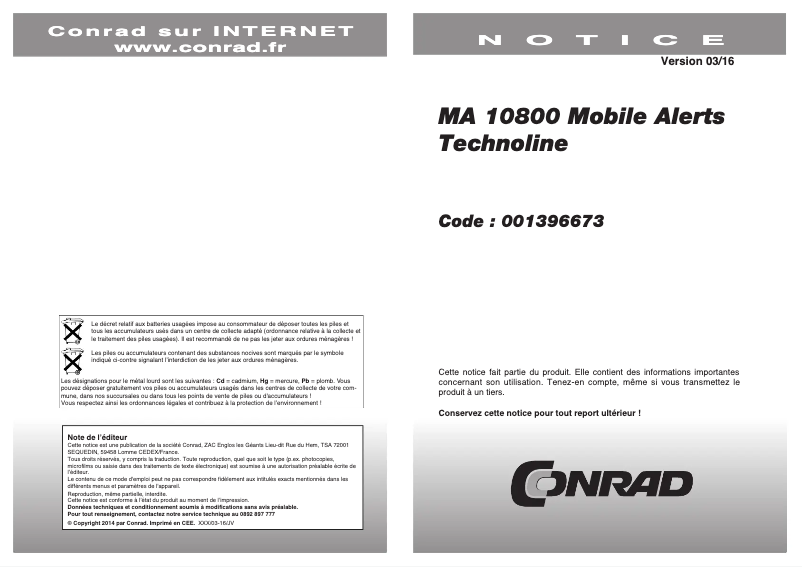Page 1 de la notice Manuel utilisateur Techno Line MA 10800