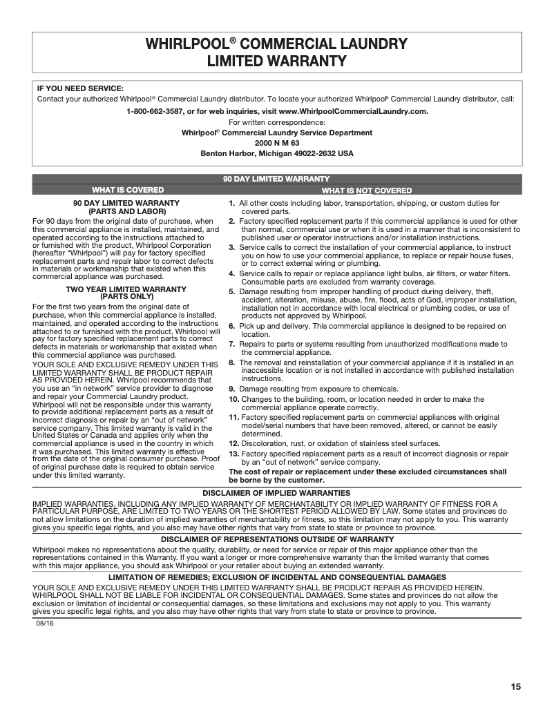 Page n°1 - Informations de garantie Whirlpool CHW9150GW