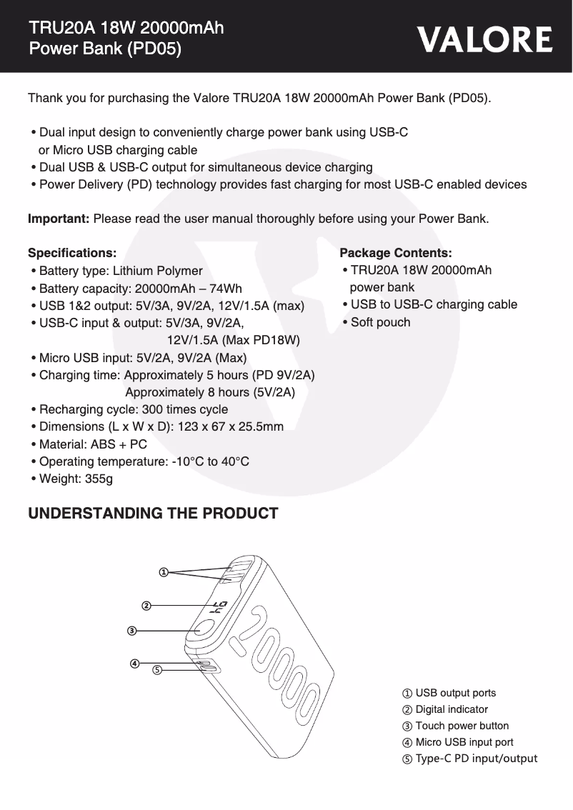 Page n°1 - Manuel utilisateur Valore PD05