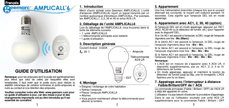 Page 1 de la notice Manuel utilisateur Geemarc AMPLICALL 6-LR