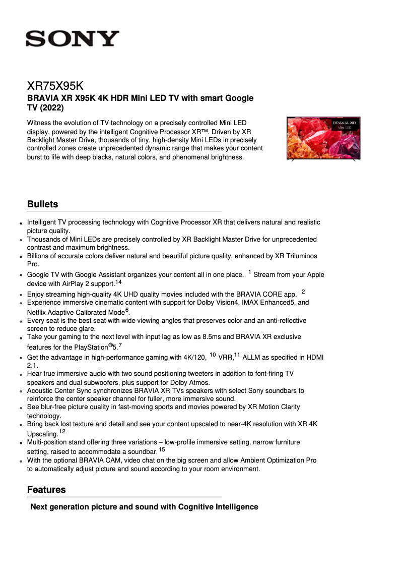 Page 1 de la notice Fiche technique Sony XR-75X95K