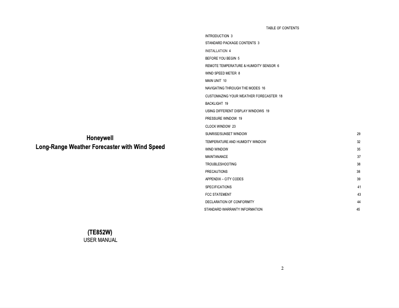 Page n°1 - Manuel utilisateur Honeywell TE852W