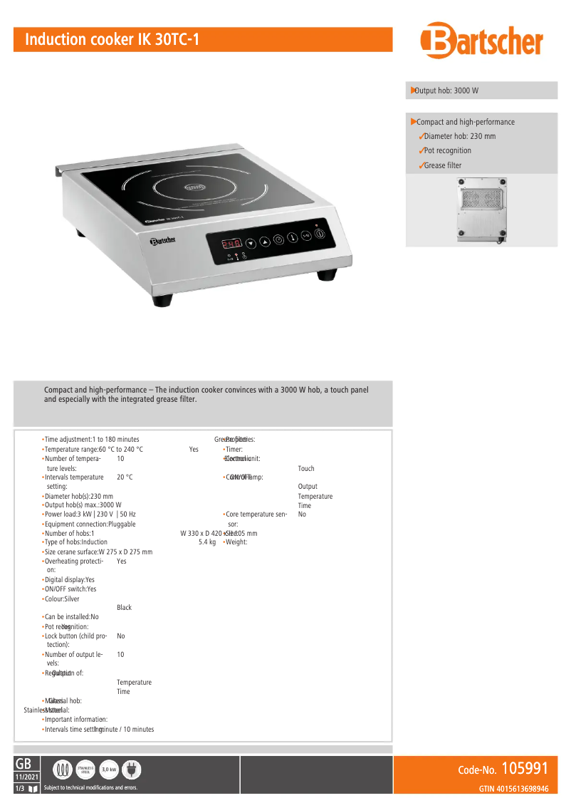 Page 1 de la notice Fiche technique Bartscher IK 30TC