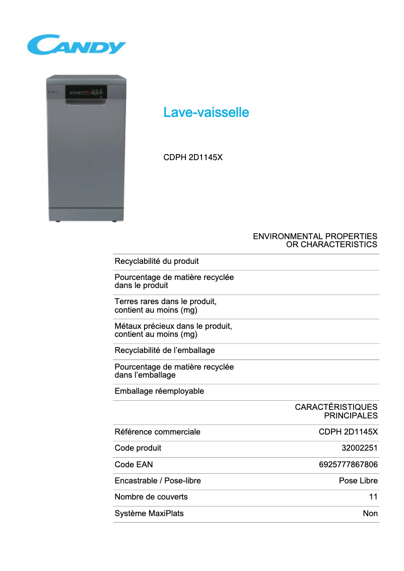 Page 1 de la notice Fiche technique Candy CDPH 2D1145X