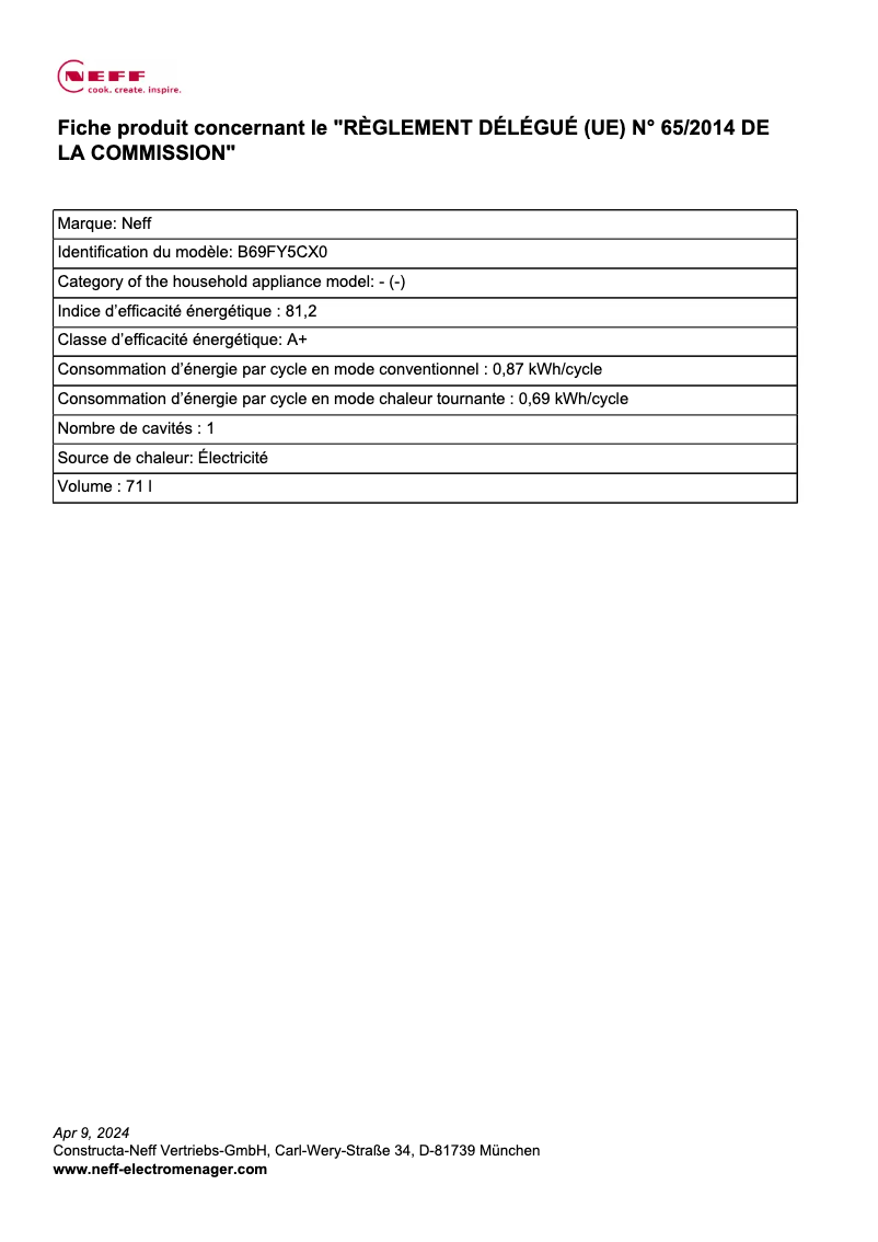 Page n°1 - Label énergétique Neff B69FY5CX0