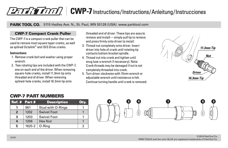 Page 1 of the manual User Manual Park Tool CWP-7