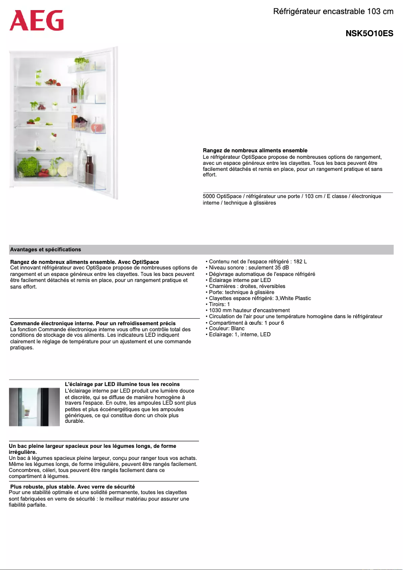 Page 1 de la notice Fiche technique AEG NSK5O10ES
