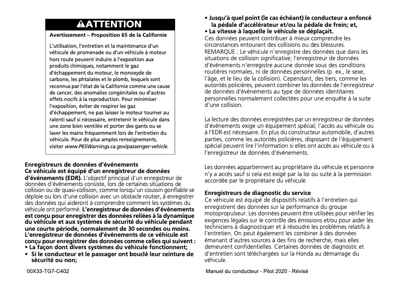 Page 1 de la notice Manuel utilisateur Honda Pilot (2020)