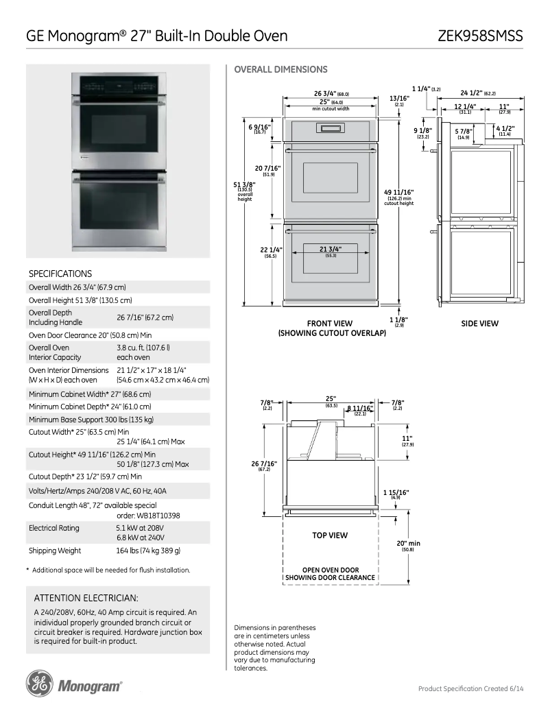 Page 1 de la notice Fiche technique GE ZEK958SMSS
