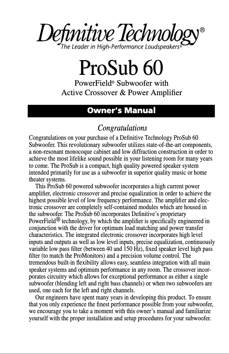 Page n°1 - Manuel utilisateur Definitive Technology ProSub 60