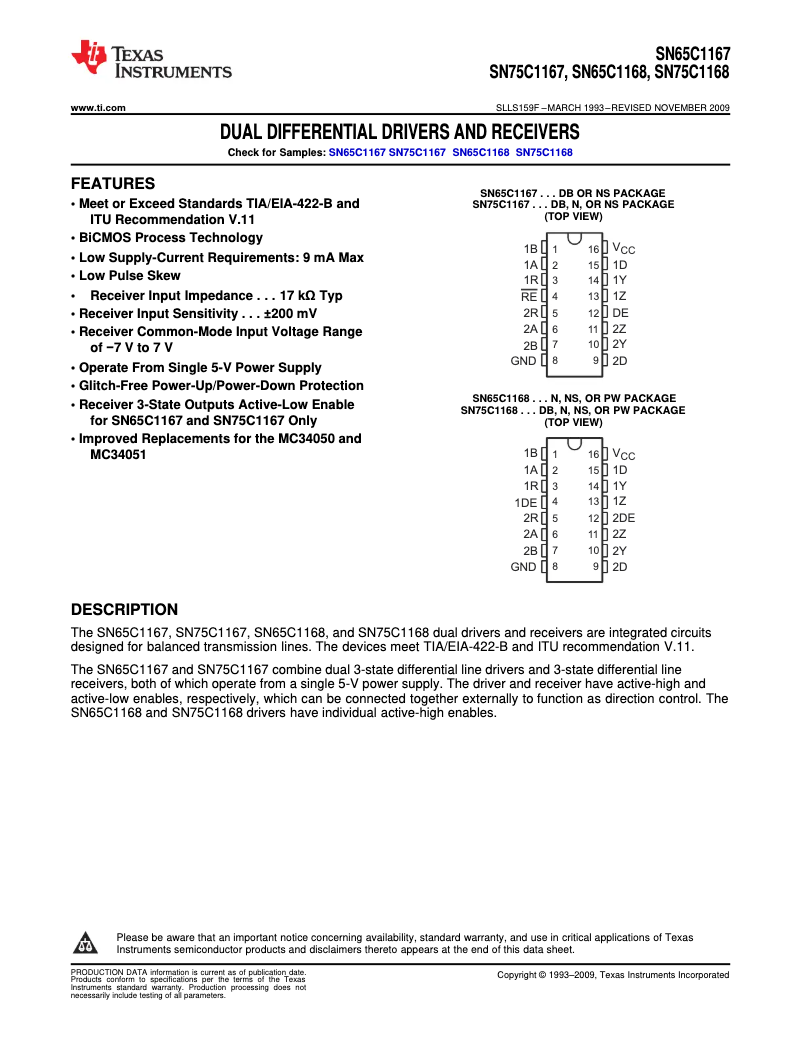 Page 1 de la notice Manuel utilisateur Texas Instruments SN75C1168NSR