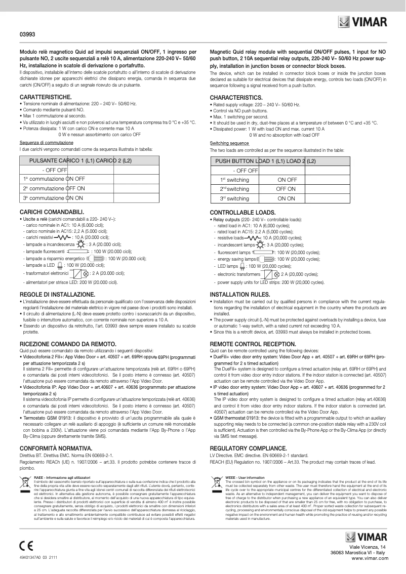 Page n°1 - Manuel utilisateur Vimar 03993