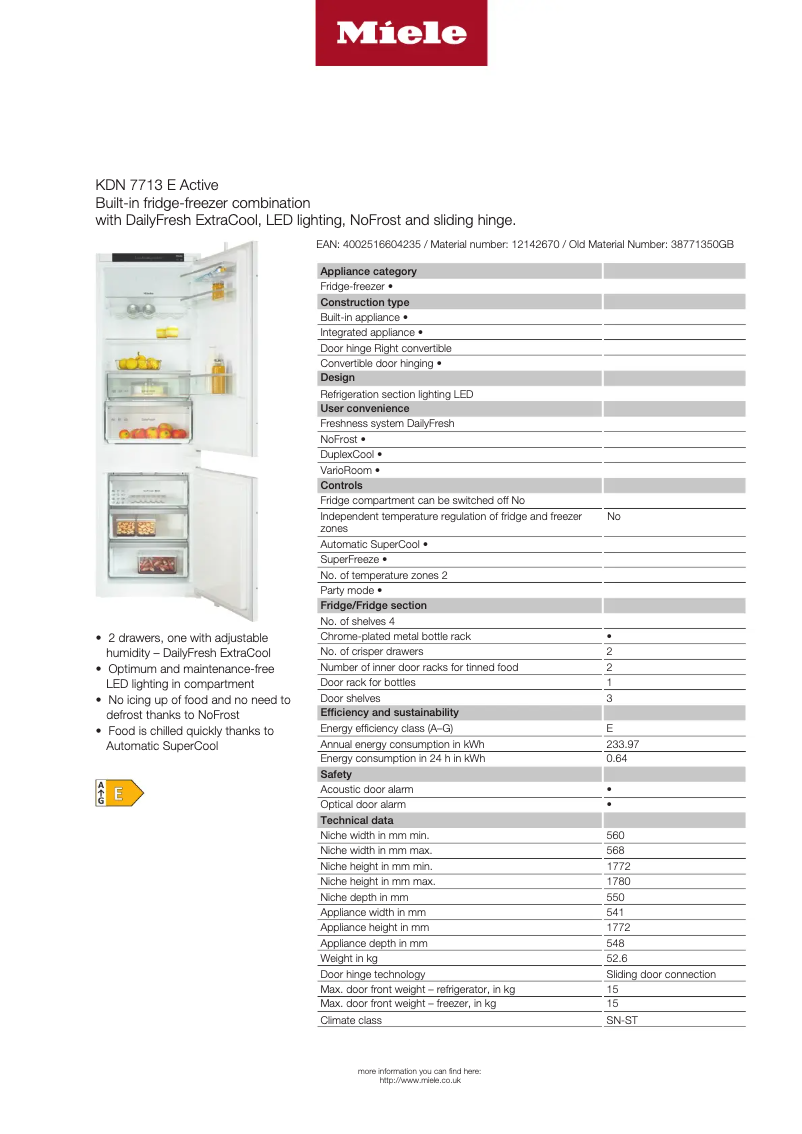 Página 1 del manual Ficha técnica Miele KDN 7713 E Active
