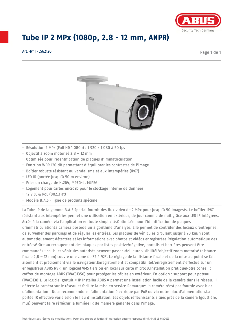 Page n°1 - Fiche technique Abus IPCS62120